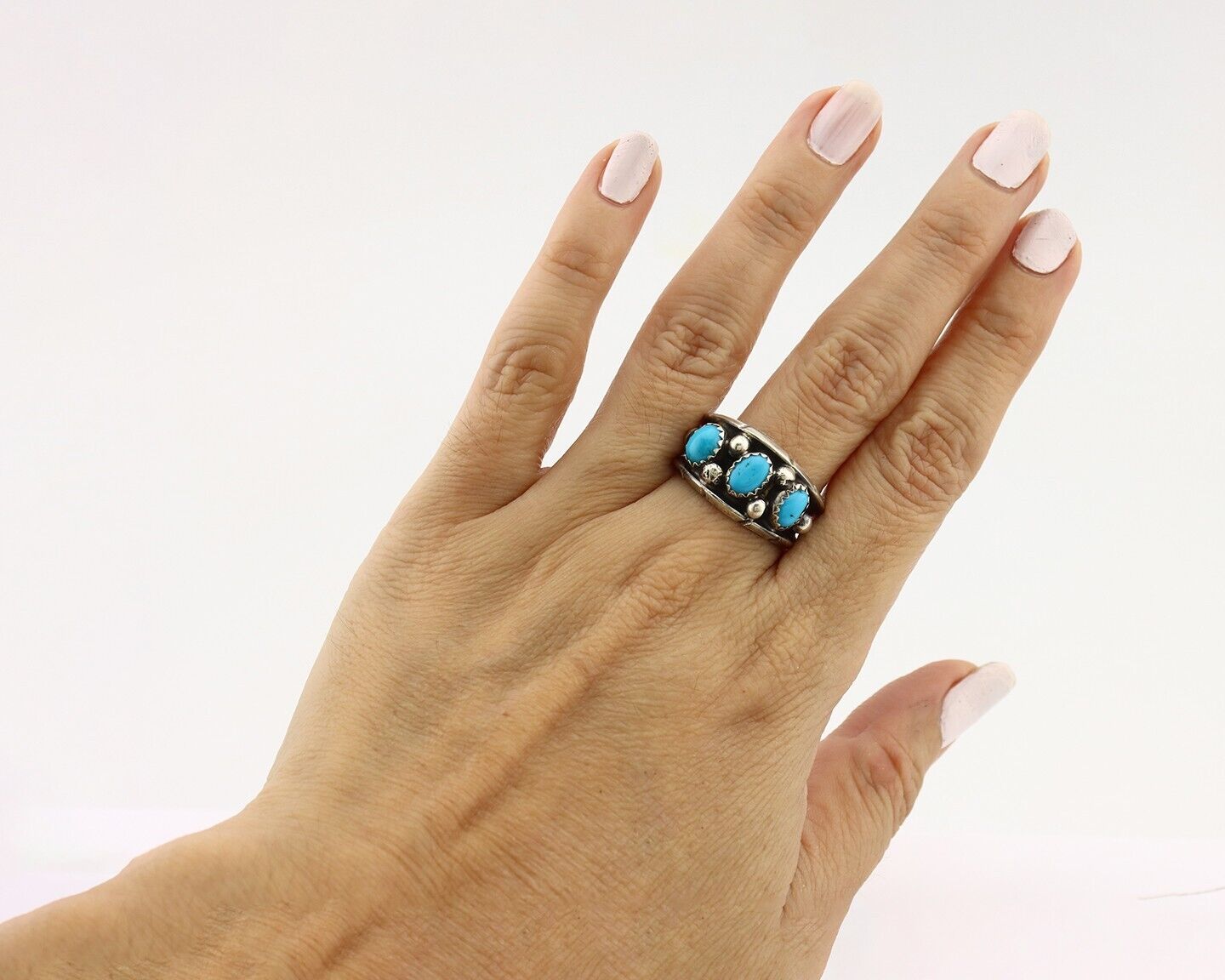 Navajo Ring 925 Silver Sleeping Beauty Turquoise Artist Signed JL C.80's