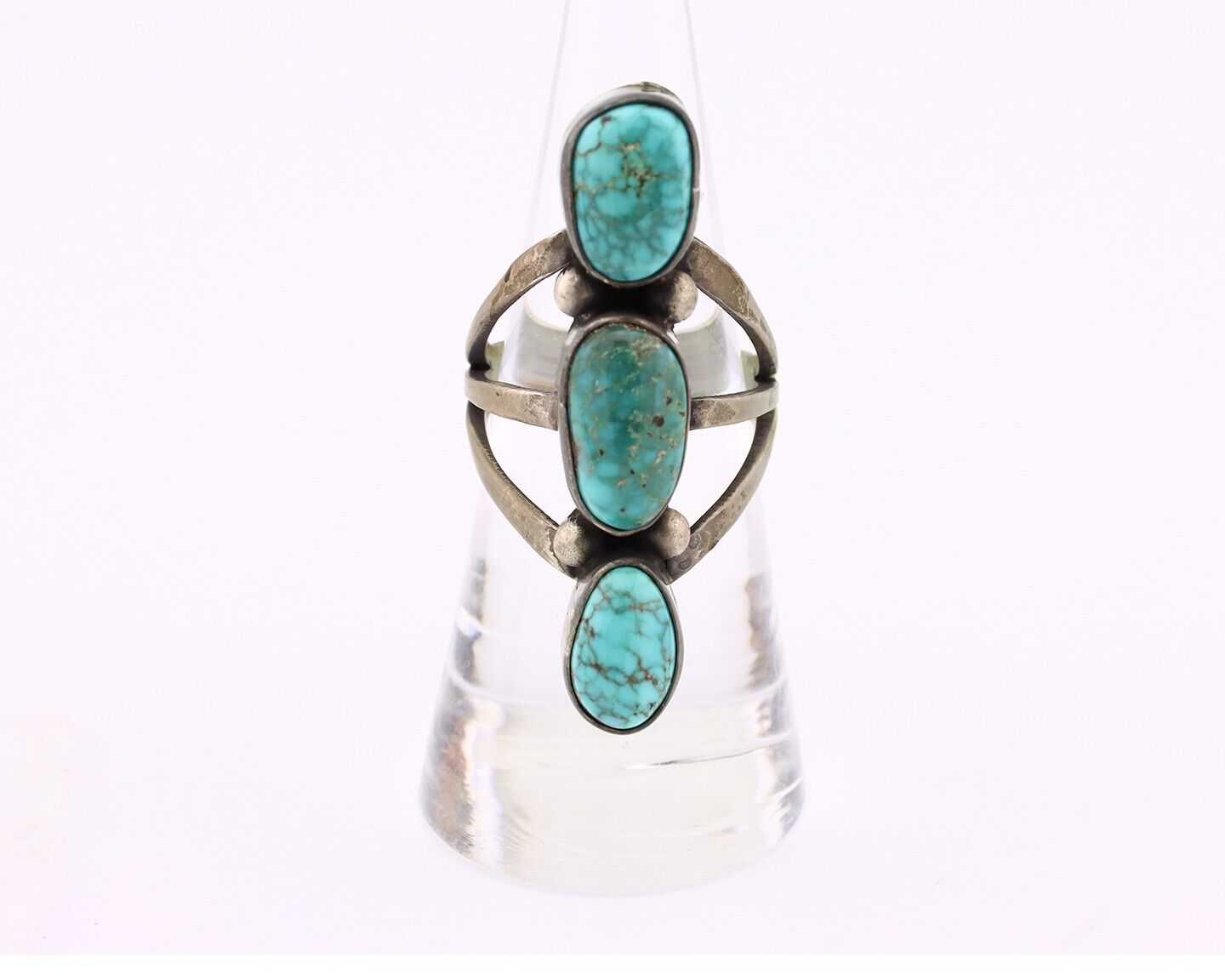 Navajo 3 Stone Ring 925 Silver Morenci Turquoise Native American Artist C.80's