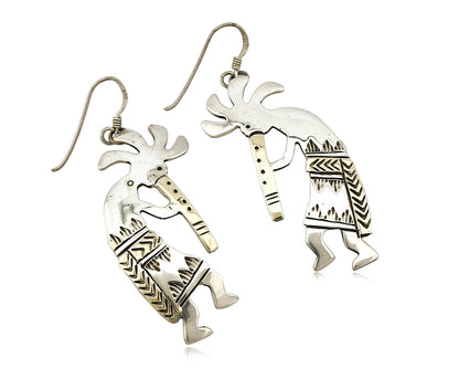 Navajo Dangle Earrings .925 Silver & 14k Solid Yellow Gold Kokopelli Signed RT