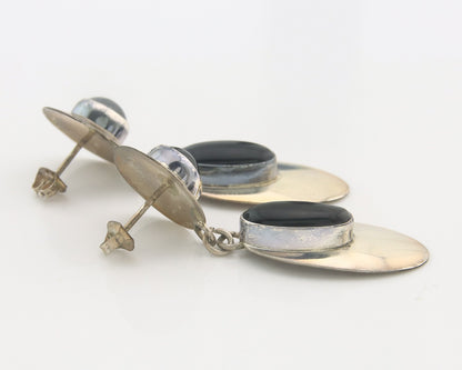 Navajo Earrings Sterling Silver Natural Onyx Dangle Vintage Handmade