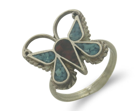 Navajo Ring 925 Silver Inlaid Butterfly Turquoise & Coral C.80's Size 5.0
