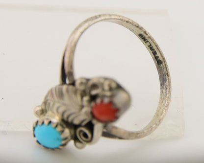Navajo Handmade Ring 925 Silver Turquoise & Coral Native Artist C.80's