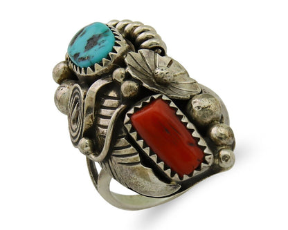 Navajo Handmade Ring 925 Silver Coral & Turquoise Native Artist C.80's