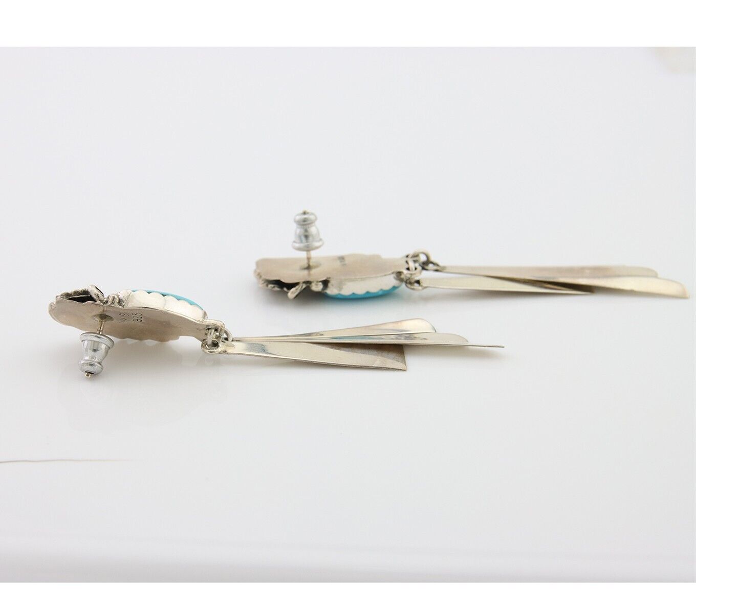 Navajo Dangle Earrings 925 Silver Natural Blue Turquoise Artist Signed M.S. C80s