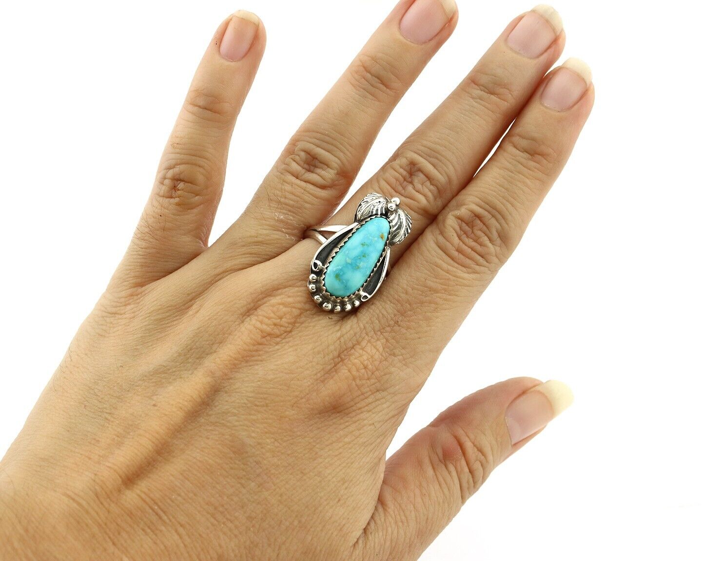 Navajo Ring .925 Silver Natural Mined Neveda Turquoise Artist Signed SN C.80's