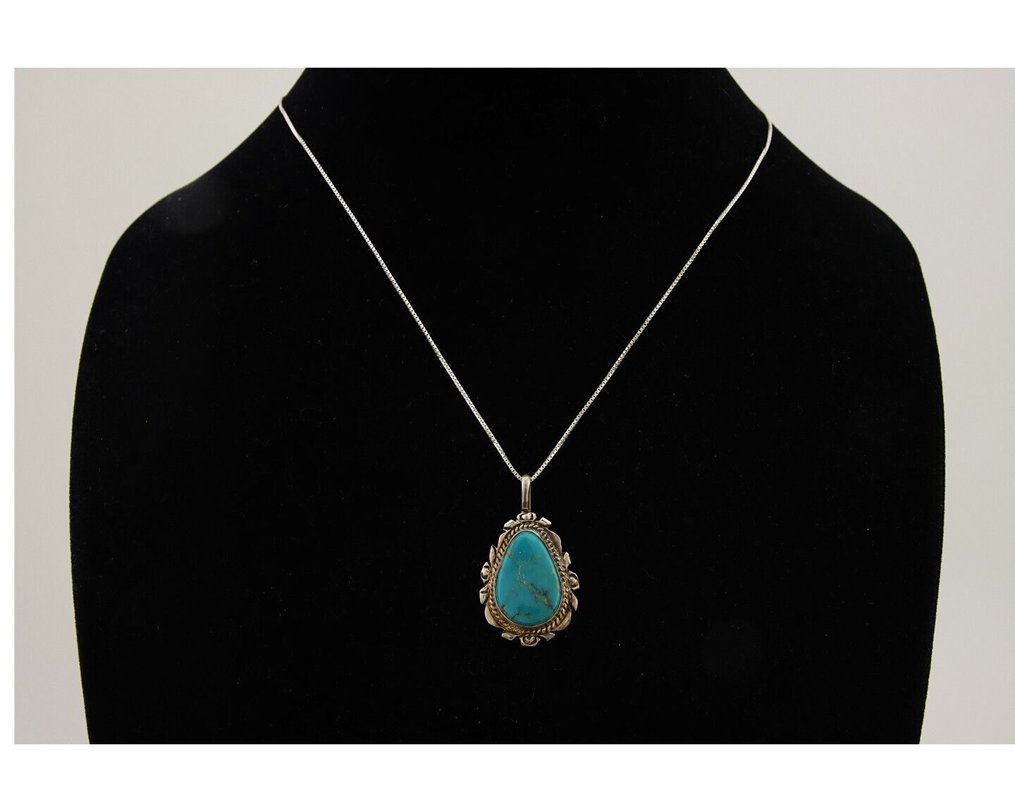 Navajo Necklace 925 Silver Natural Blue Turquoise Artist Signed TALHAT C.80s