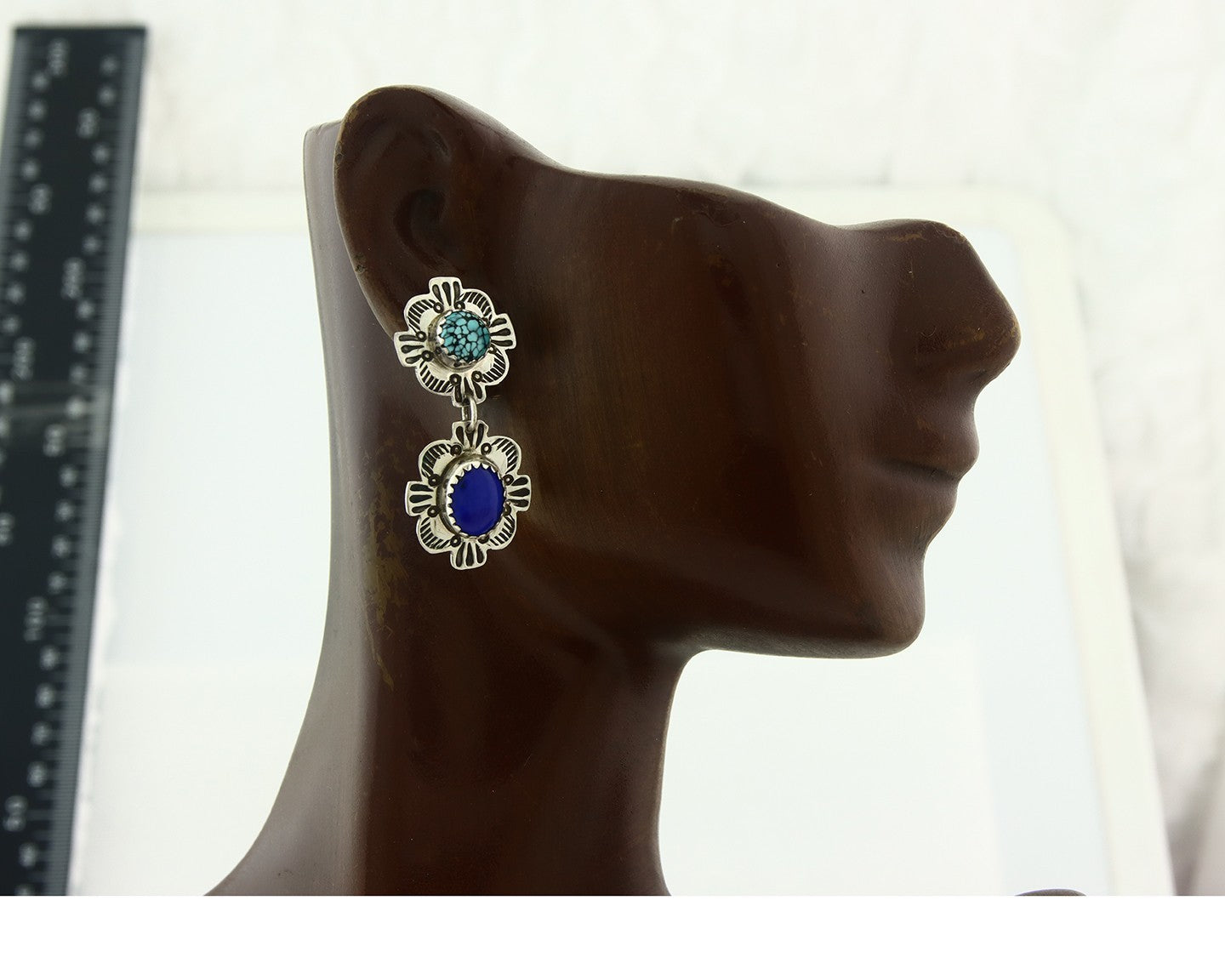 Navajo Earrings Sterling Silver Lapis & Truquoise Vintage Signed Mary Ellen