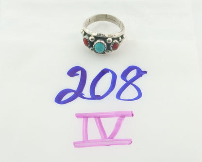 Men Navajo Ring 925 Sterling Natural Coral & Turquoise Signed R C.80's Size 9.0