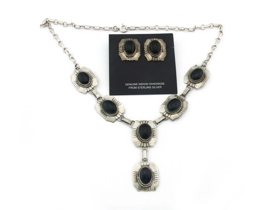 Navajo Necklace Earring Set Sterling Silver Onyx Vintage Signed Begay