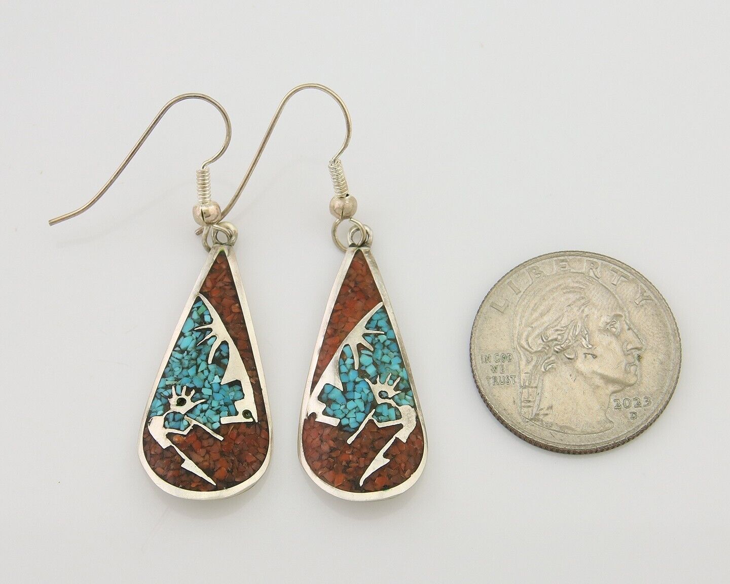 Navajo Kokopelli Earrings 999 Nickel Chip Inlay Turquoise Coral Native American