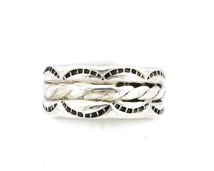 Navajo Ring .925 Silver Handmade Hand Stamped 3 Row Rope Band C.1980's Size 7.5
