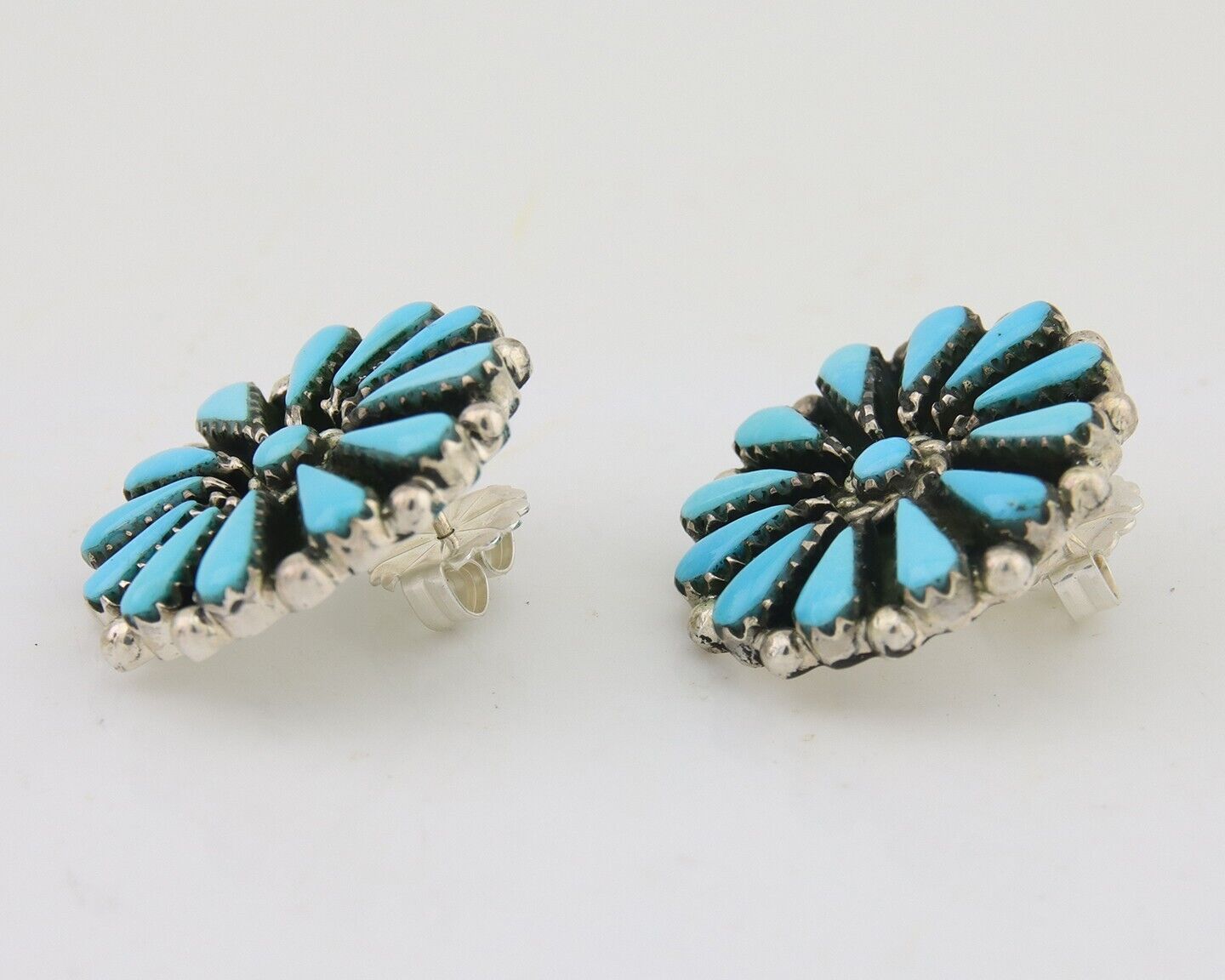 Navajo Petit Point Earrings 925 Silver Turquoise Signed Benson Yazzie C.80's