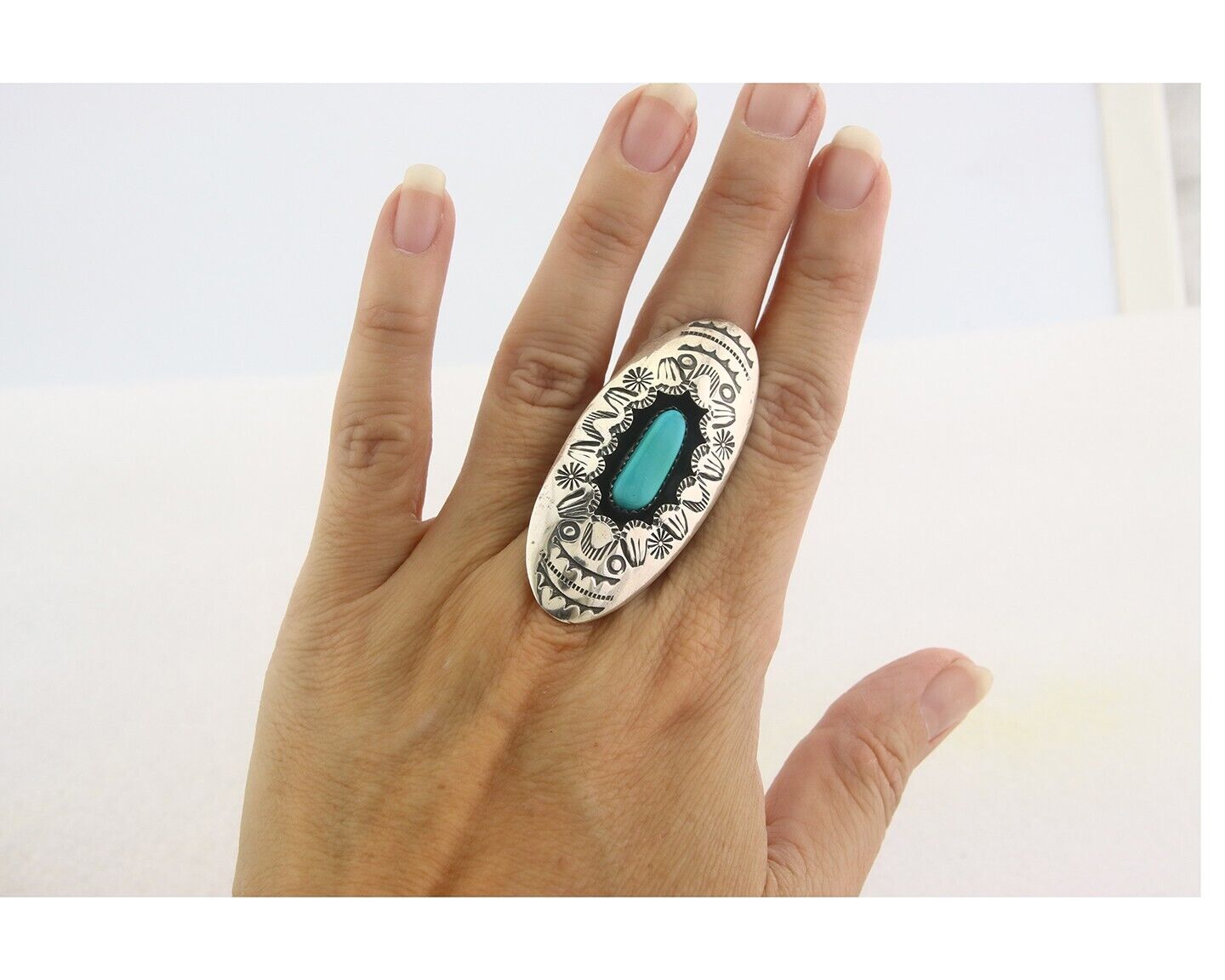 Navajo Ring 925 Sterling Turquoise Hand Stamped Signed J Martinez C.80's Sz 6.75