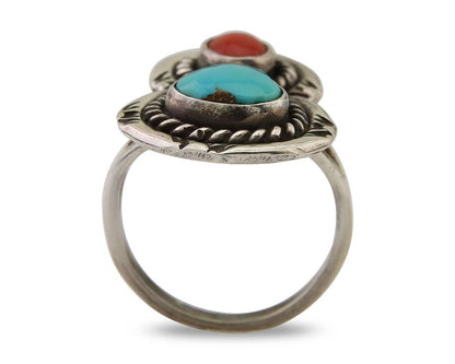Navajo Ring 925 Silver Turquoise & Coral Native American Artist C.80's