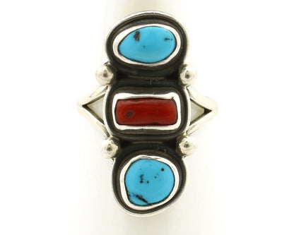 Navajo Ring 925 Silver Sleeping B Turquoise & Coral Native American Artist C.80s