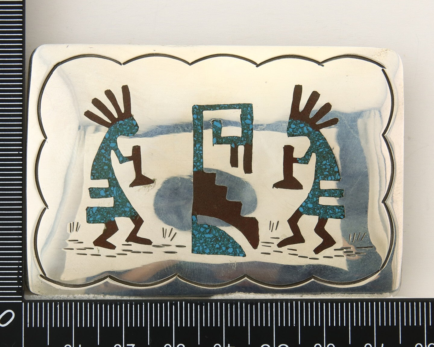 Navajo Belt Buckle 925 Sterling Silver Turquoise & Coral Signed HB C.80's