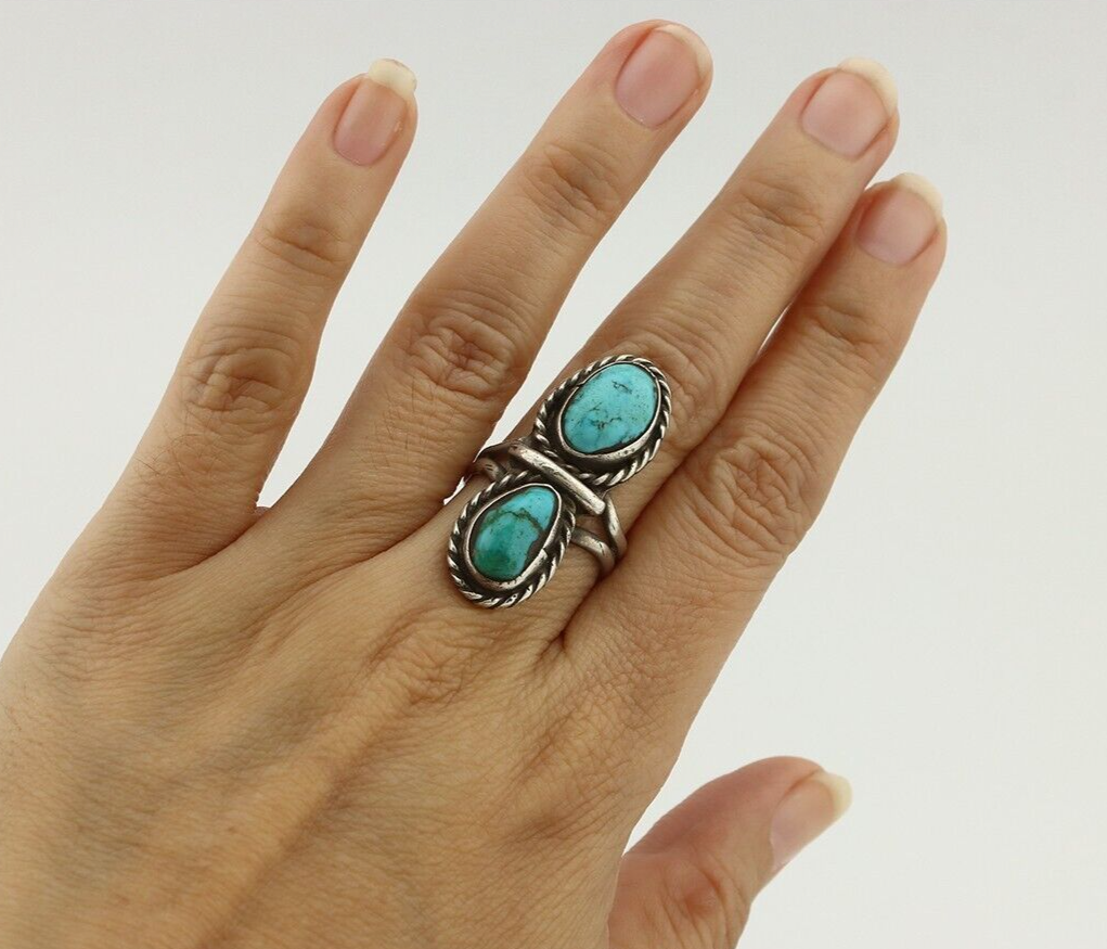 Navajo Ring 925 Silver Natural Blue Turquoise Native American Artist C.80's