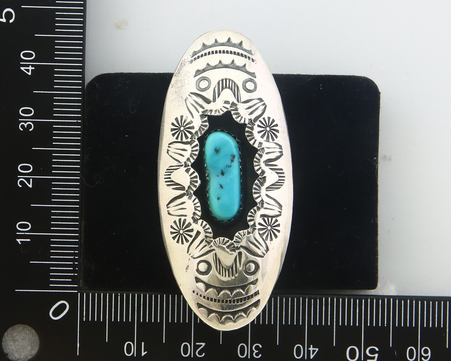Navajo Ring 925 Sterling Turquoise Hand Stamped Signed J Martinez C.80's Sz 7.5
