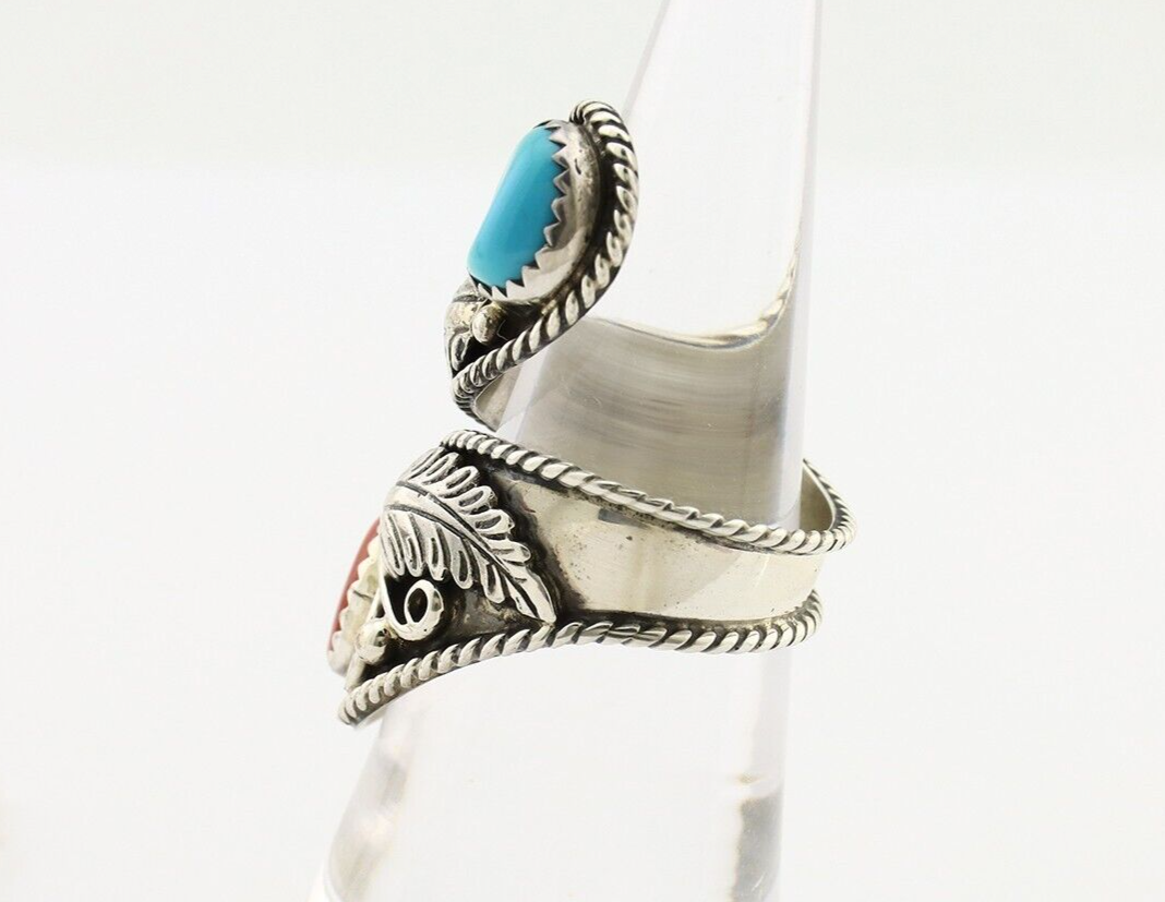 Navajo Adjustable Ring 925 Silver Turquiose & Coral Artist Signed R C.80's