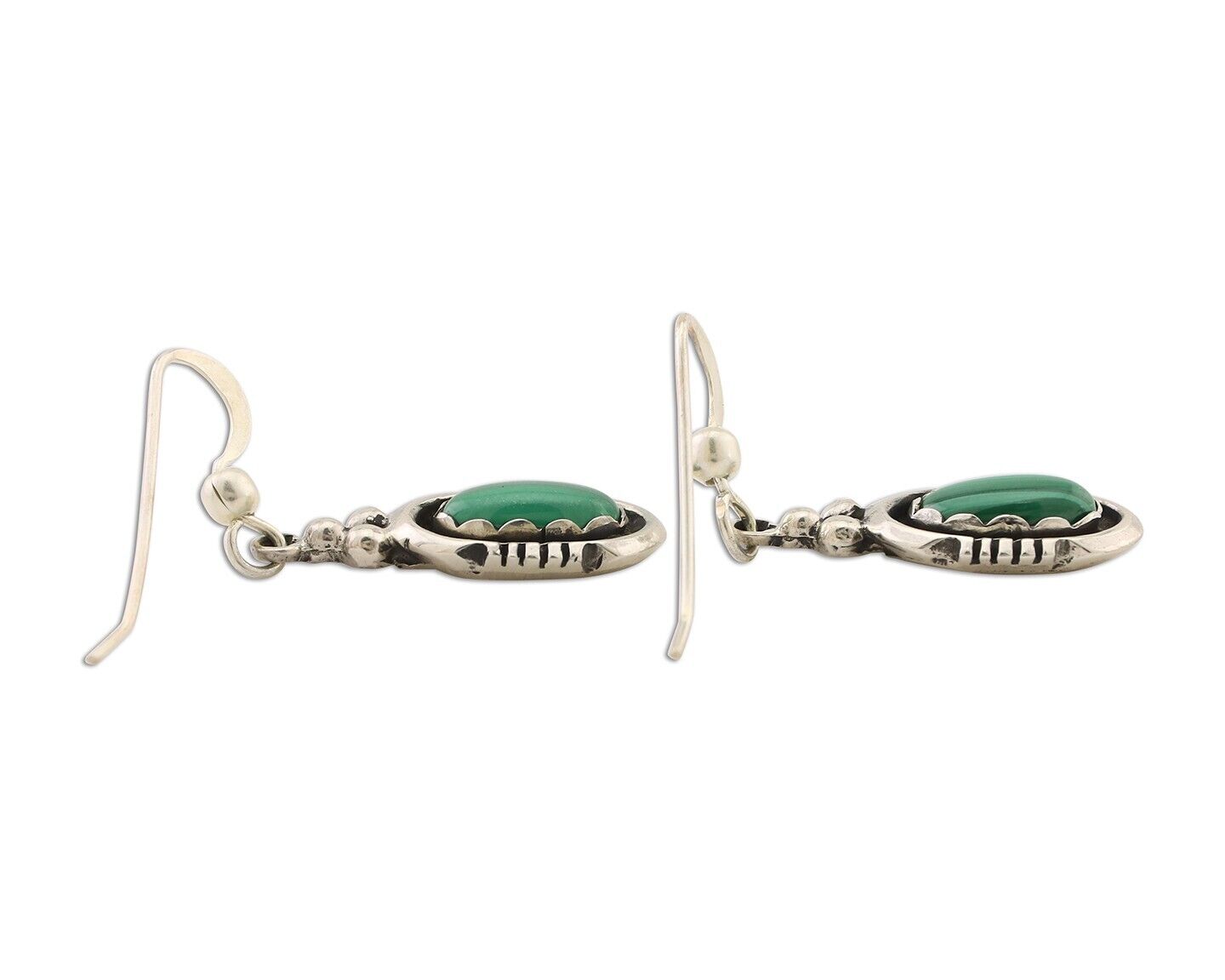 Navajo Dangle Earrings 925 Silver Natural Malachite Native American Artist C.80s