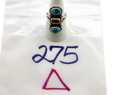 Navajo Ring 925 Silver Sleeping B Turquoise & Coral Native American Artist C.80s