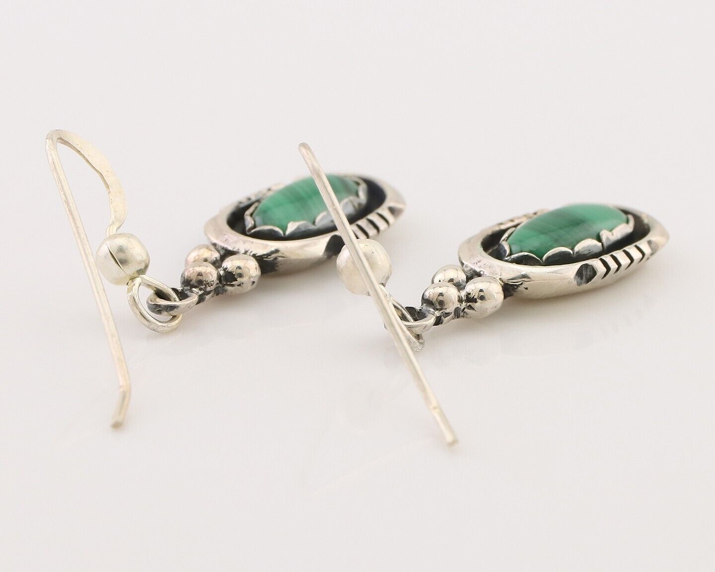 Navajo Dangle Earrings 925 Silver Natural Malachite Native American Artist C.80s