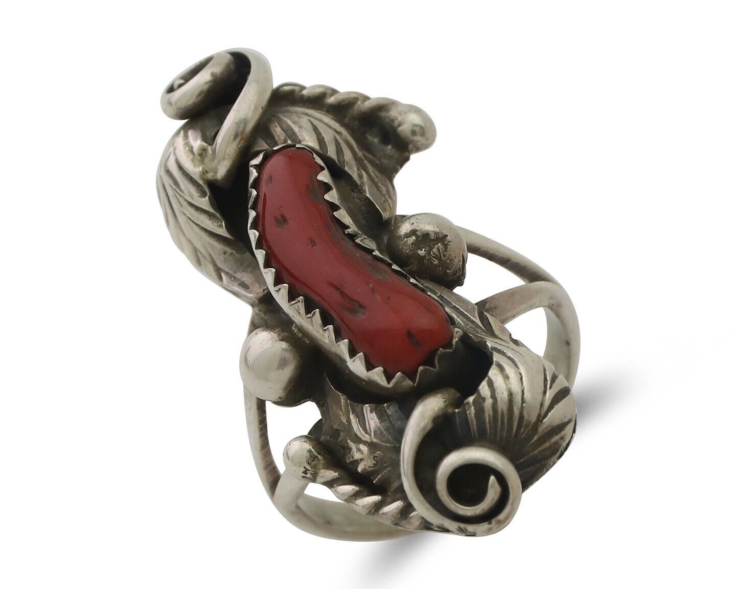 Navajo Handmade Ring 925 Silver Natural Mediterranean Coral Signed Duffy C.80's