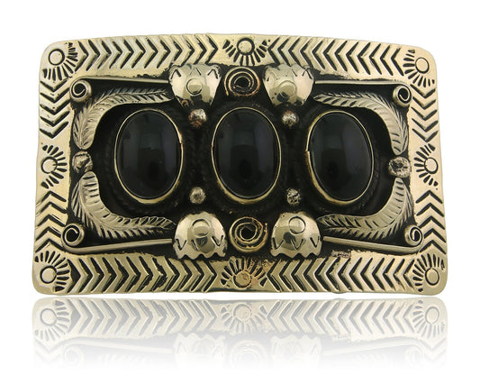 Navajo Concho Belt Buckle .999 Nickel Onyx Native American Artist 2x3 in C.80's