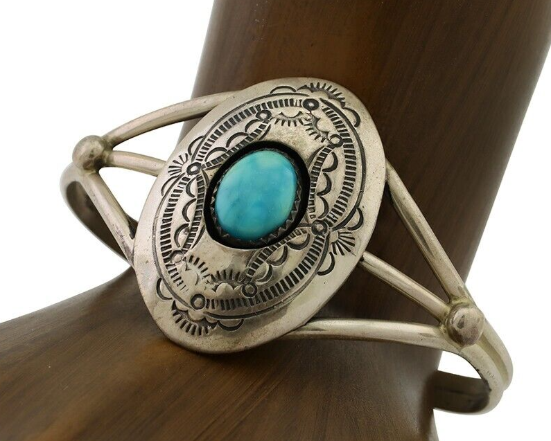 Navajo Bracelet 925 Silver Sleeping Beauty Turquoise Signed IHMJ C.80's