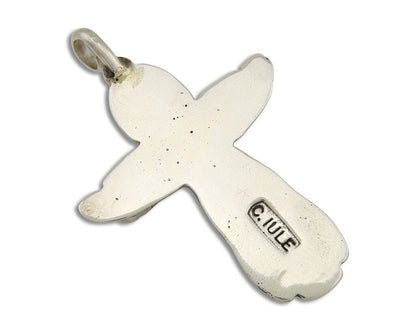 Zuni Cross Pendant 925 Silver Mediterranean Coral Signed W Iule C.80s