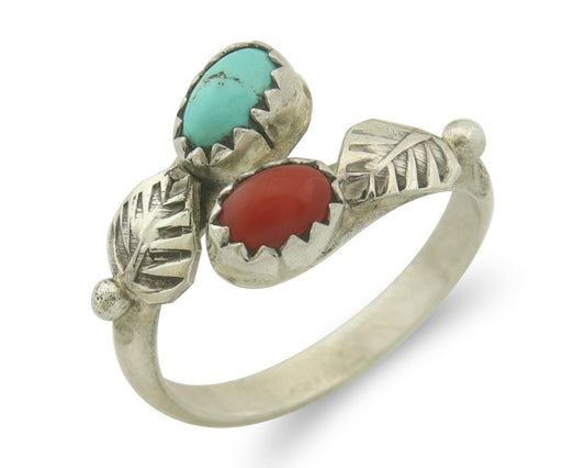 Vintage Navajo Band 925 Sterling Turquoise & Coral Native Artist Size 6.0