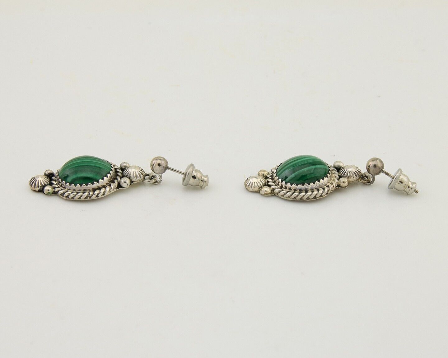 Navajo Dangle Earrings 925 Silver Malachite Native American Artist C.80's