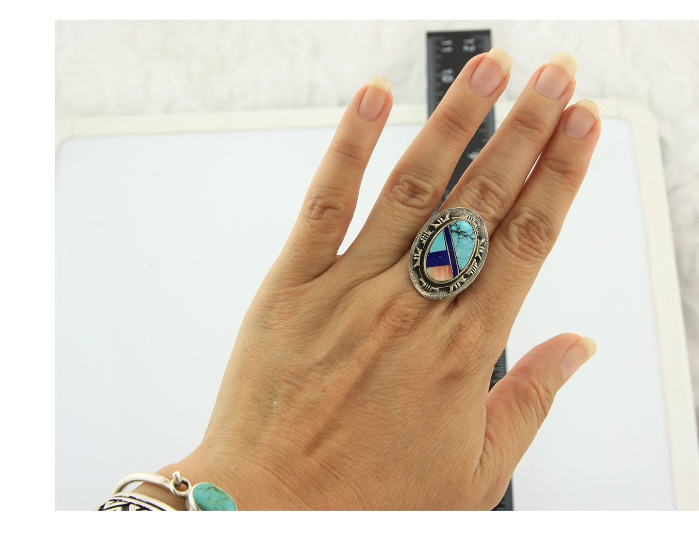 Navajo Tiwa Ring Sterling Silver Gemstone Vintage Native American Artist Sz 7.5