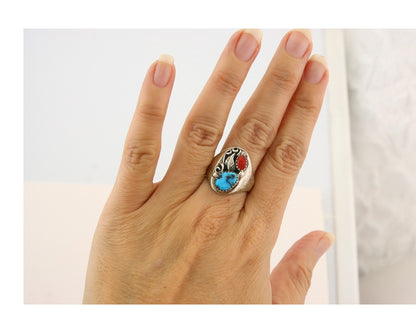 Navajo Ring 925 Sterling Turquoise & Coral Native Artist C.80's Size 8.5