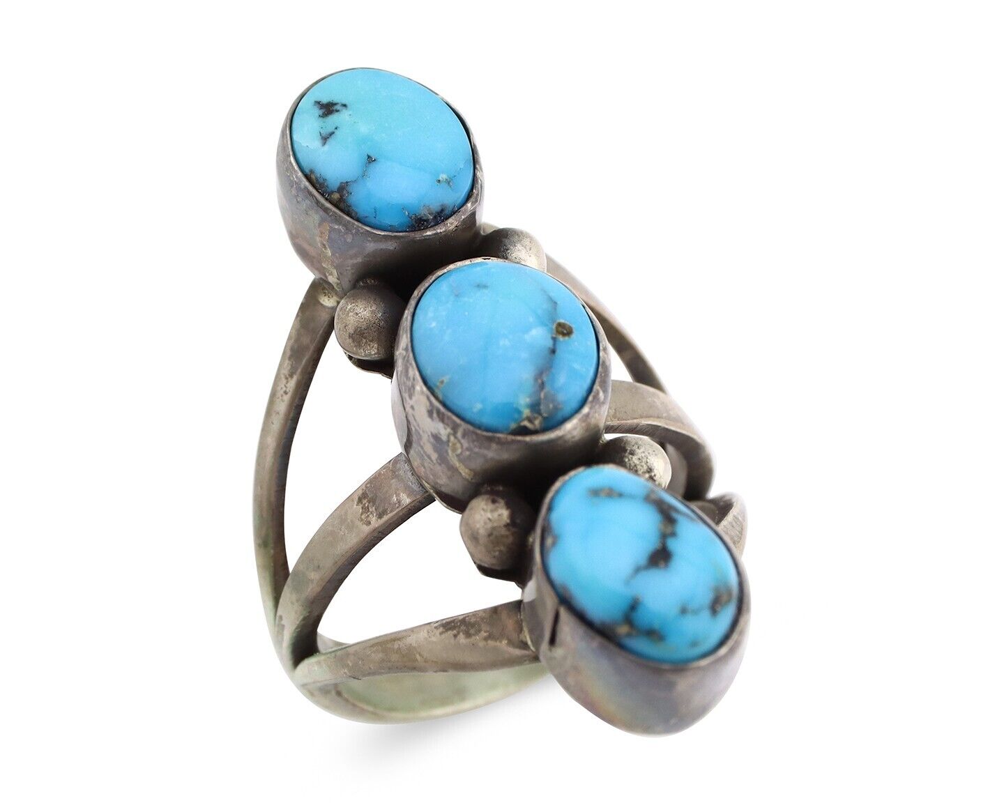 Navajo 3 Stone Ring 925 Silver Turquoise Native American Artist C.80's
