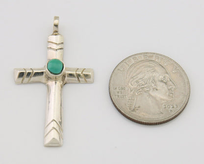 Navajo Sand Cast Cross Pendant 925 Silver Turquoise Artist Signed J Yazzie C.80s