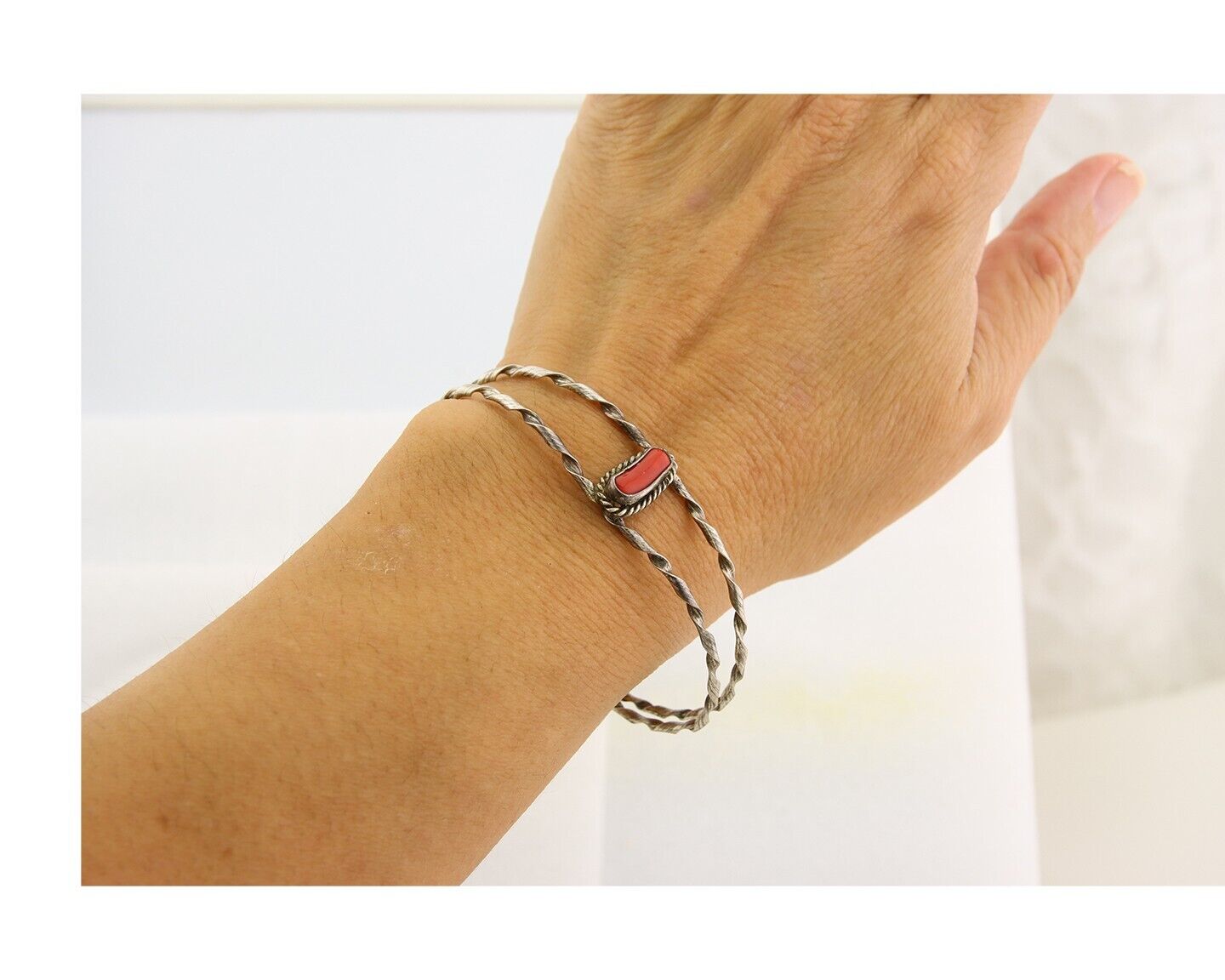 Navajo Bracelet .925 Silver Mediterranean Red Coral Cuff Native Artist C.80's