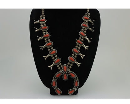 Navajo Coral Squash Necklace 925 Silver Handmade Native American Artist C.80's