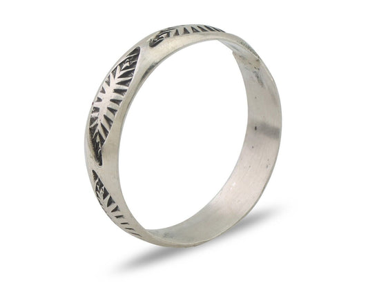 Navajo Hand Stamped Band 925 Silver 5.0 mm Signed Larry Chavez Size 8.0 C.80's