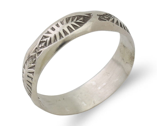 Navajo Hand Stamped Band 925 Silver 5.0 mm Signed Larry Chavez Size 6.35 C.80's