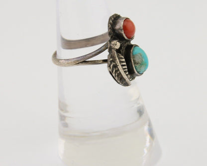 Navajo Handmade Ring 925 Silver Coral & Turquoise Native Artist C.80's