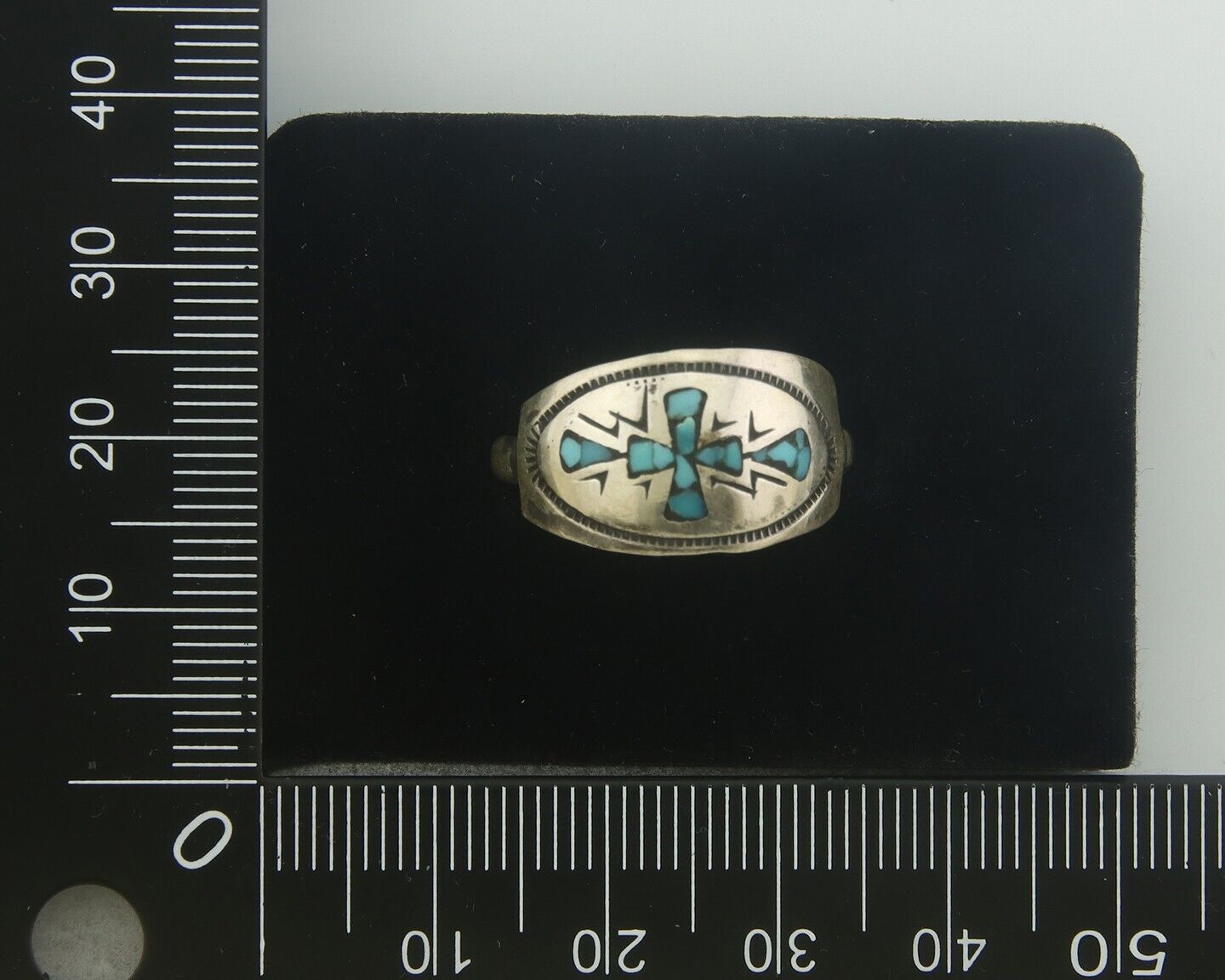 Navajo Ring 925 Sterling Natural Chip Inlay Blue Turquoise C.80's Size 9.0