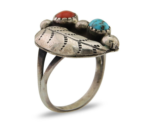 Navajo Ring 925 Silver Turquoise & Coral Native American Artist C.80's