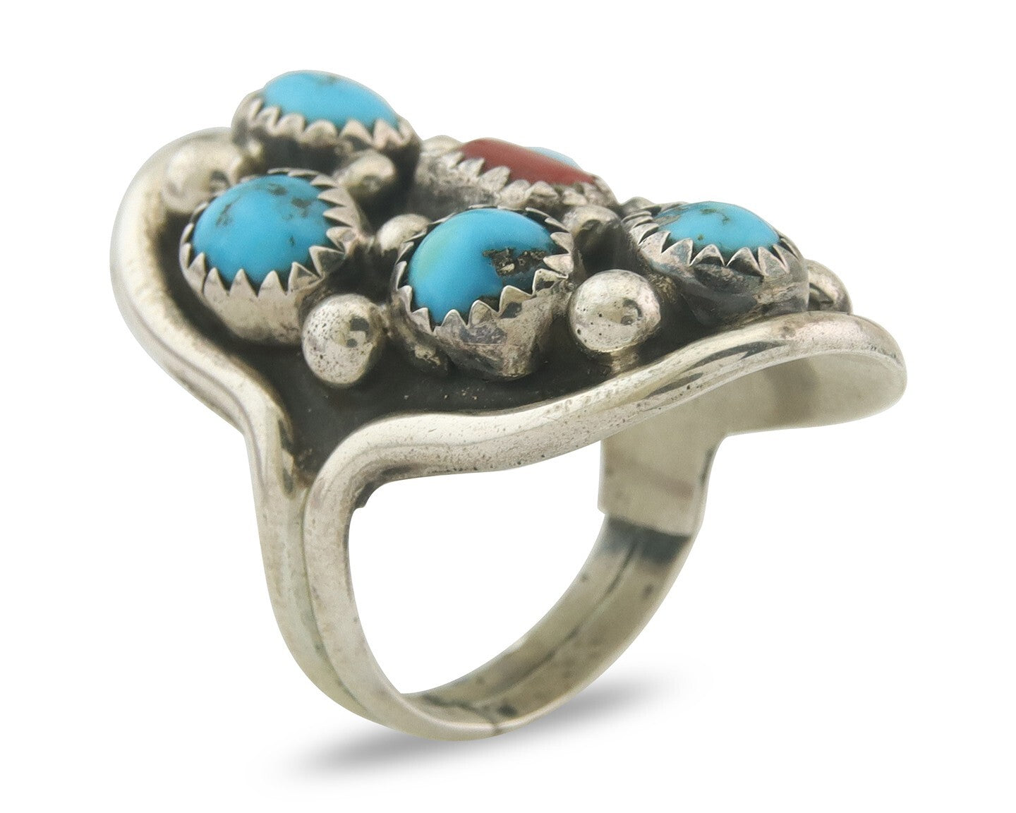 Navajo Ring 925 Sterling Natural Coral & Turquoise Signed EH C.80's Size 5.75