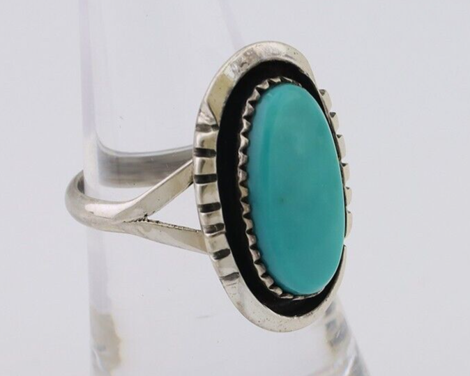 Navajo Hand Stamped Ring 925 Silver Natural Turquoise Native Artist C.80's