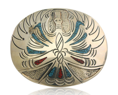 Navajo Belt Buckle .999 Nickel Buffalo Gemstone Signed Chee Keams 3x3.5 in C.80s