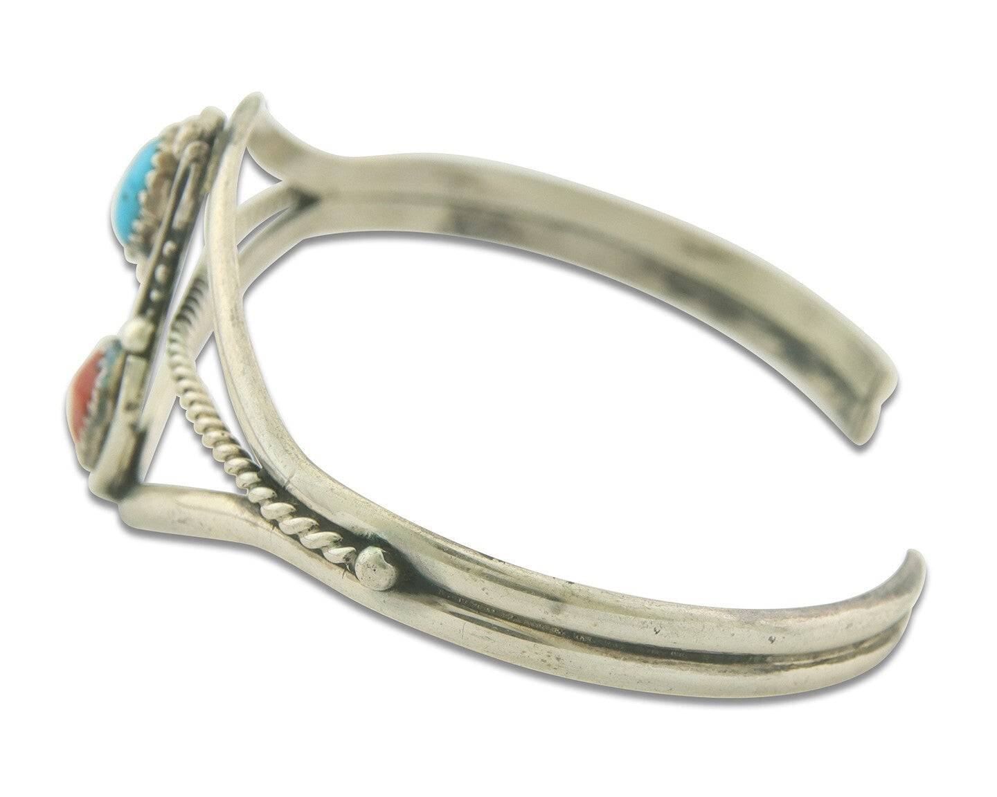 Navajo Bracelet 925 Silver Coral & Turquoise Cuff Signed Running Bear C.80's