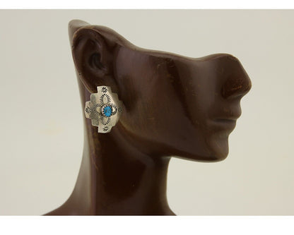 Navajo Hand Stamped Earrings 925 Silver Turquoise Native American Artist C.80's