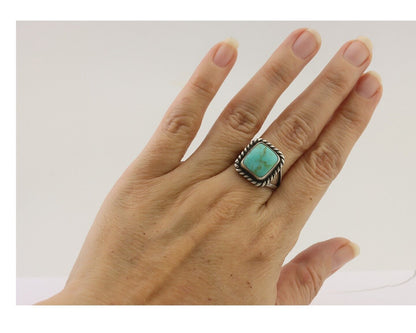 Navajo Ring 925 Silver Natural Green Turquoise Artist Signed Apache Mfg C.80's
