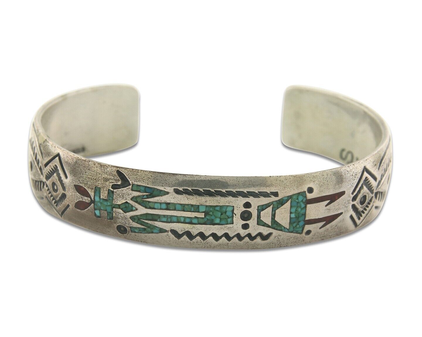 Navajo Bracelet 925 Silver Inlaid Turquoise Coral Artist Signed Stanley Bain C80
